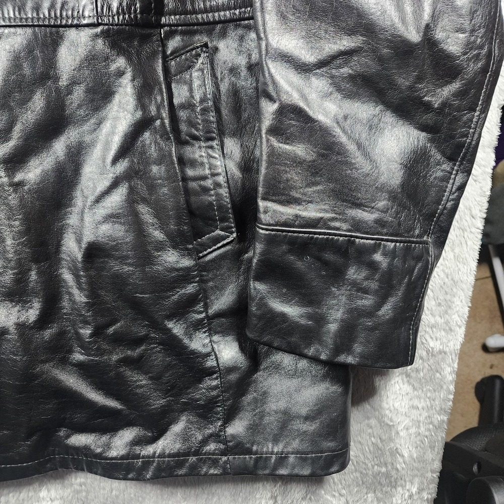 VINTAGE Reed Sportswear Coat Mens XL Black Leather Overcoat Pockets Midlength - Picture 7 of 15